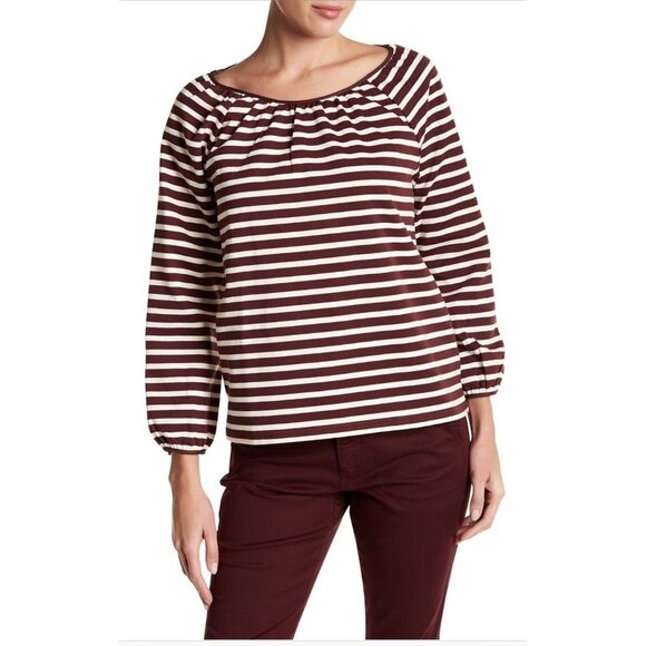 J Crew Tops - 🆕J CREW Striped Peasant Top Cotton Merlot Brown XXS